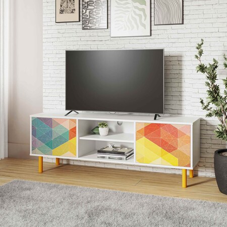 Manhattan Comfort Retro 57.87 TV Stand in White and Multi Color Red, Yellow, Blue TV-315AMC132